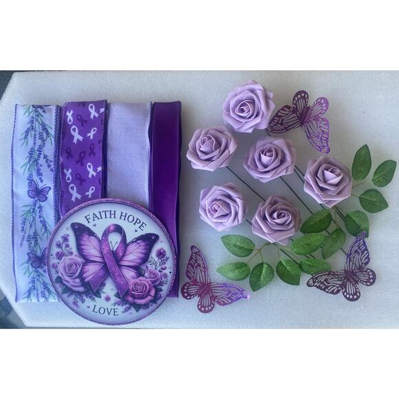 Purple Awareness Wreath Kit | Butterfly Sign, Ribbon, Roses | Faith Hope Love - Picture 1 of 9